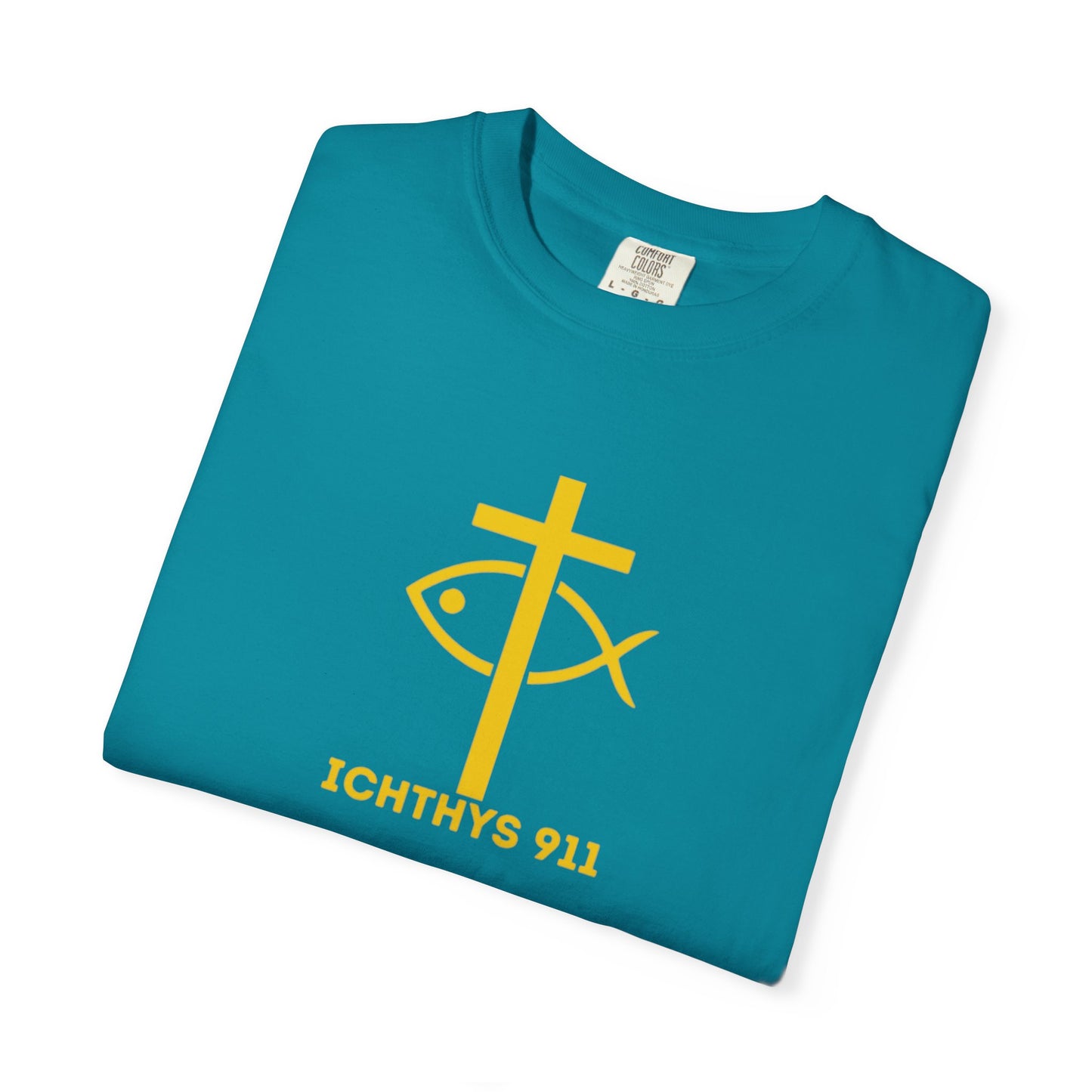 ICHTHYS 911 Gold Font "Faith, Hope, & Love" - Unisex Garment Dyed T-Shirt - 100# US Cotton - Men T-Shirt - Women T-Shirt - Christian T- Shirt -Faith-Inspired Shirt - Christian Fashion - Wear Your Faith