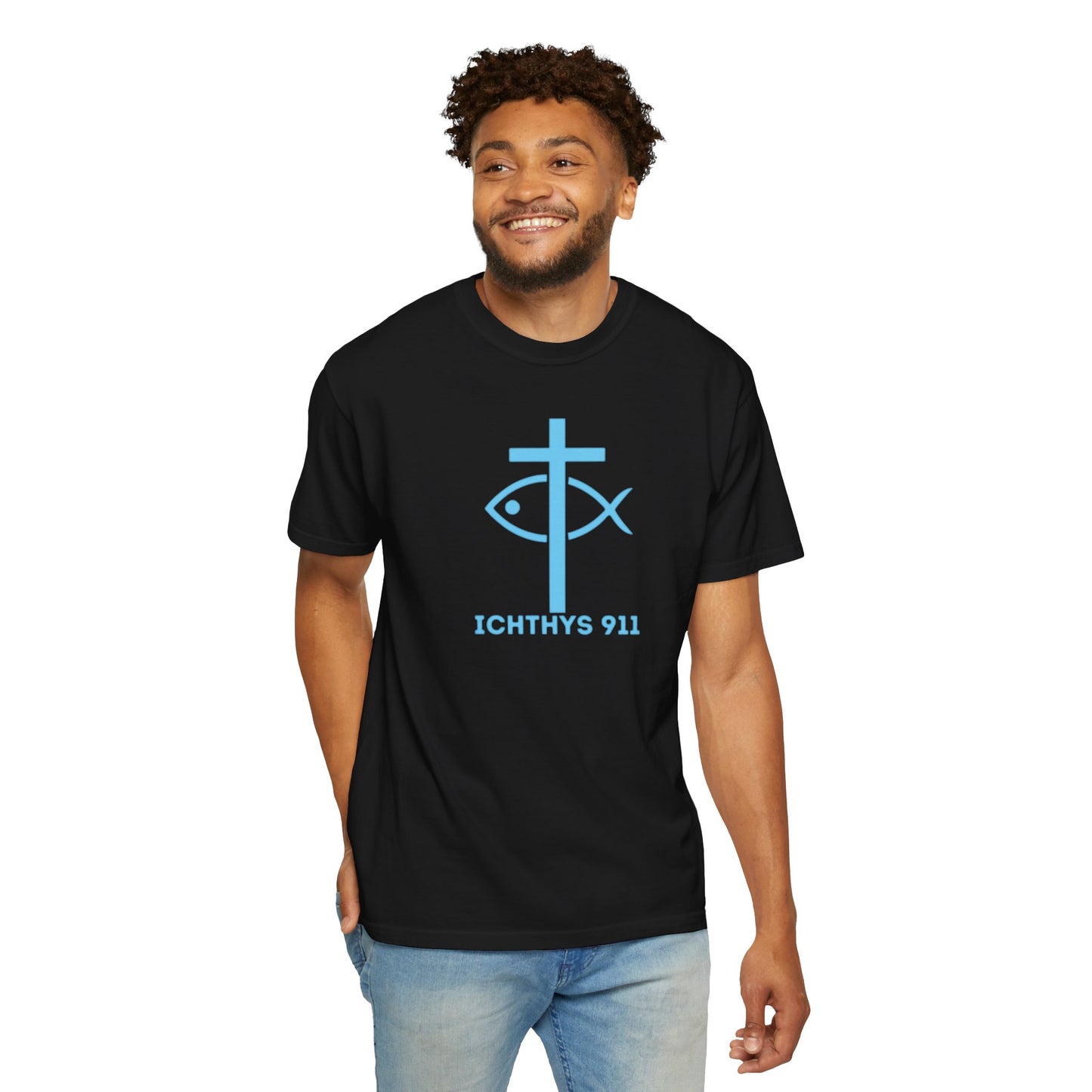 Authentic - Christian Streetwear T-Shirt – Jesus Gym & Faith Fashion, Unisex Garment-Dyed T-Shirt Blue Font - ICHTHYS 911