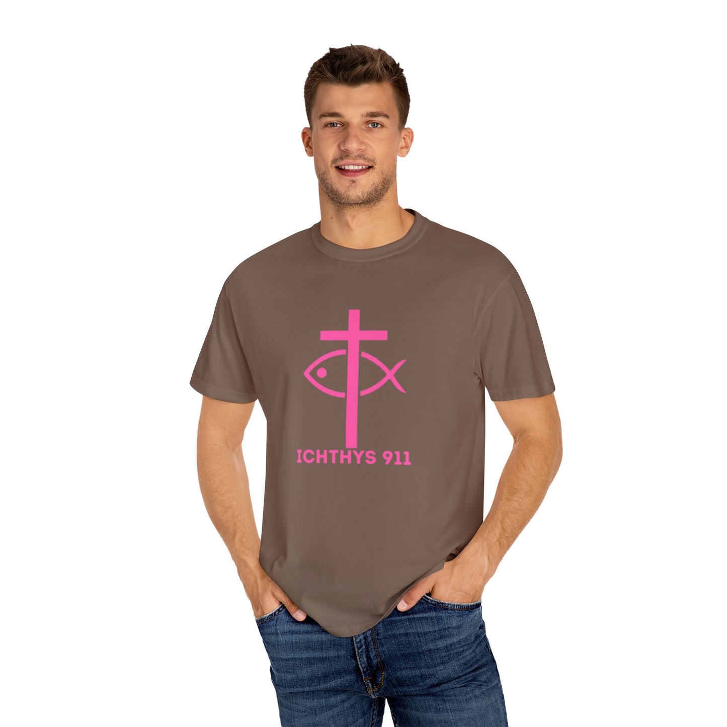 ICHTHYS 911 - Authentic - W/O IC 911 on Back Christian Streetwear T-Shirt – Jesus Gym & Faith Fashion, Unisex Garment-Dyed T-Shirt Hot Pink Font
