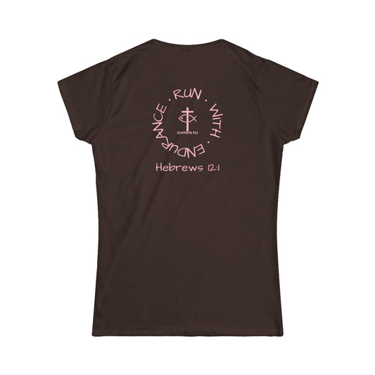 ICHTHYS 911 Pink Font "Run With Endurance" - Inspirational Faith Tee for Women - Wear Your Faith - Hebrews 12:1 - Semi-Fitted