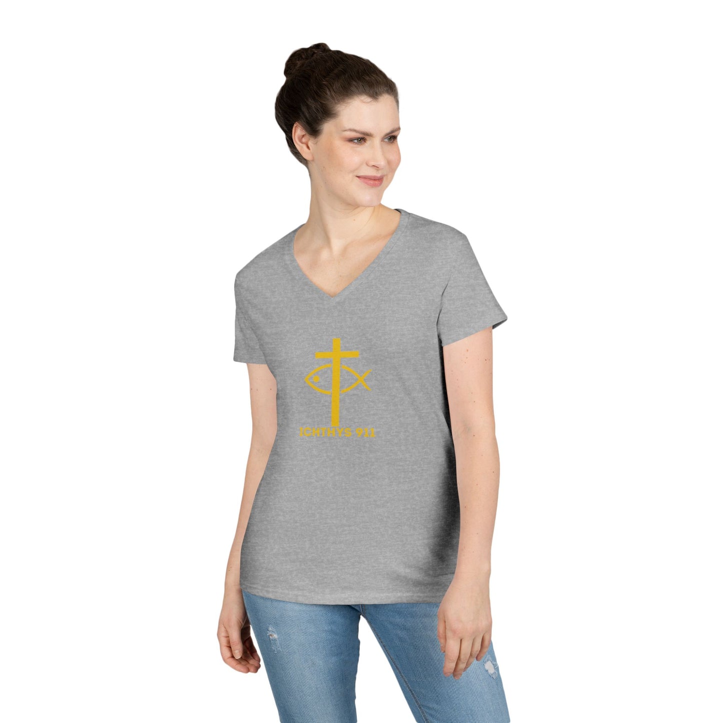 God Sees The Heart Gold Font Women’s Faith-Inspired V-Neck T-Shirt - ICHTHYS 911 Design911 Design