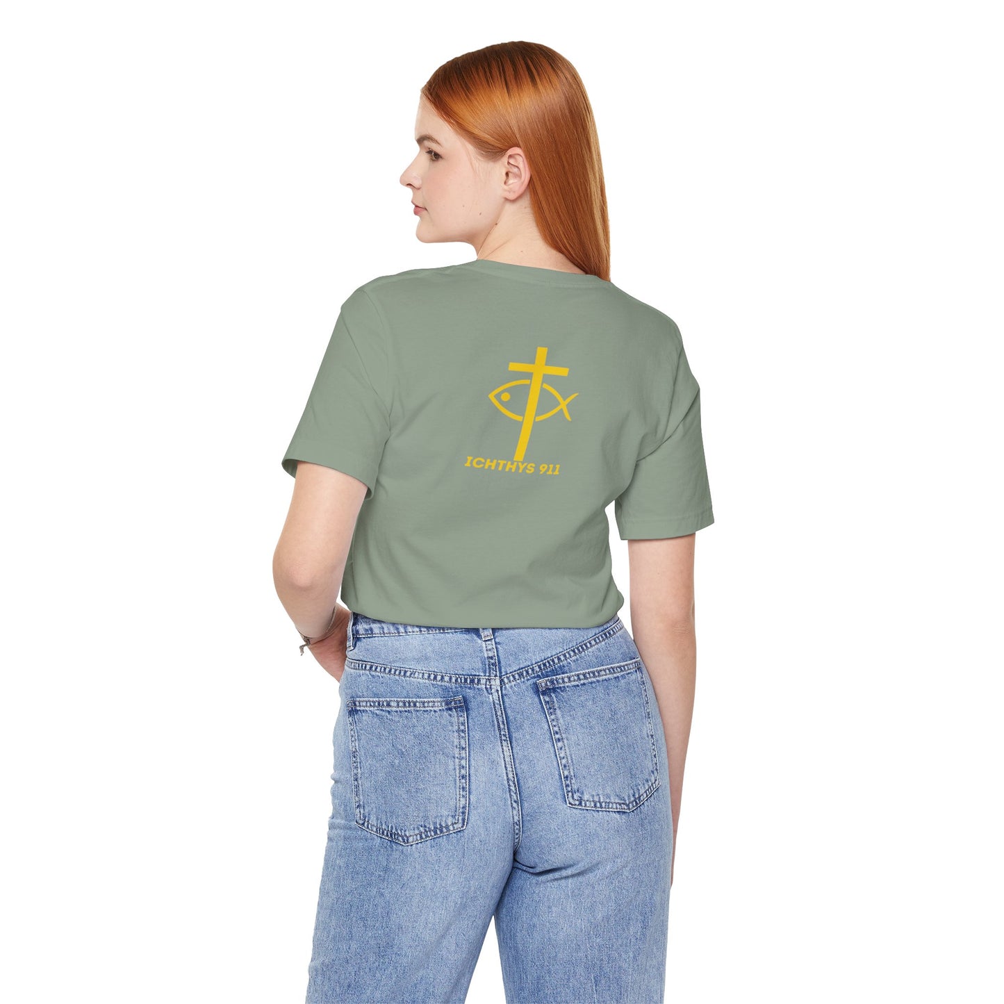 ICHTHYS 911 - "Roll With God Love Like Jesus" - Reverse Design - Unisex T- Shirt - Lightweight 100% Cotton - Summer T - Arm Form Fitting - Men T- Shirt - Women T-Shirt - Christian T-Shirt - Love Like Jesus