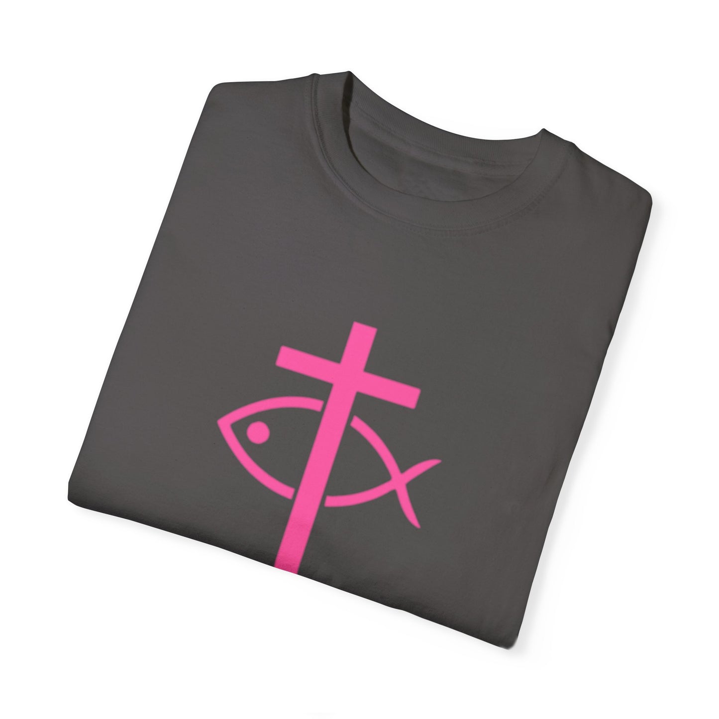 ICHTHYS 911 - Authentic - W/O IC 911 on Back Christian Streetwear T-Shirt – Jesus Gym & Faith Fashion, Unisex Garment-Dyed T-Shirt Hot Pink Font