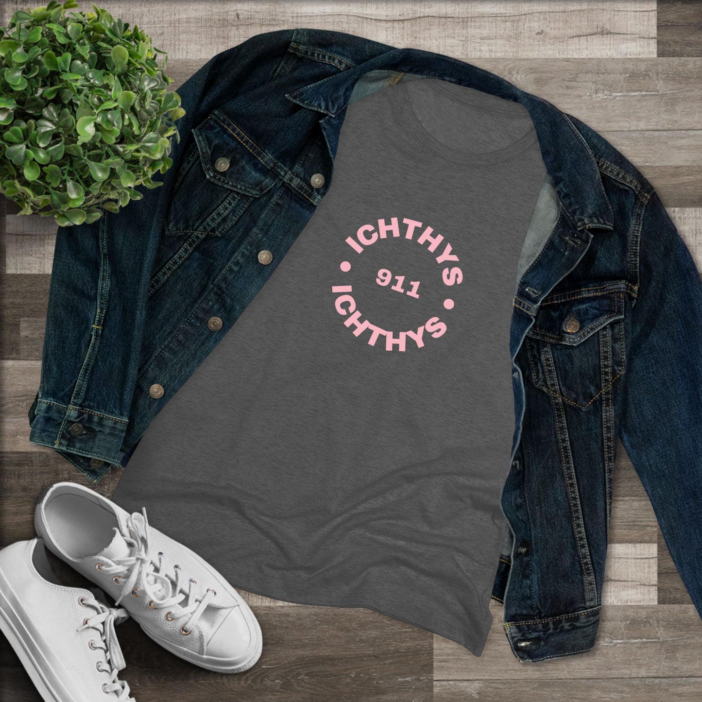 ICHTHYS 911 "IC Round Collection" Pink Font - Reverse Design - Inspirational Women's Triblend Tee - Women T-Shirt - 50% polyester, 25% cotton, 25% ryaon