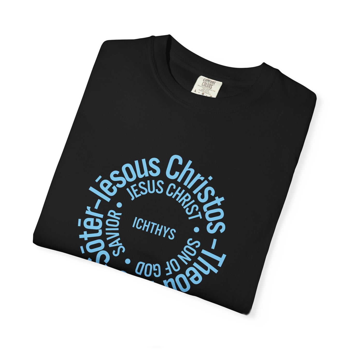 ICHTHYS 911 Blue Font "Iēsous Christos, Theou Yios, Sōtēr" - Reverse - Collection - Unisex - Christian Graphic Tee - Gym - T - Christian Faith - Jesus Wear - Women T-Shirt - Men T-Shirt