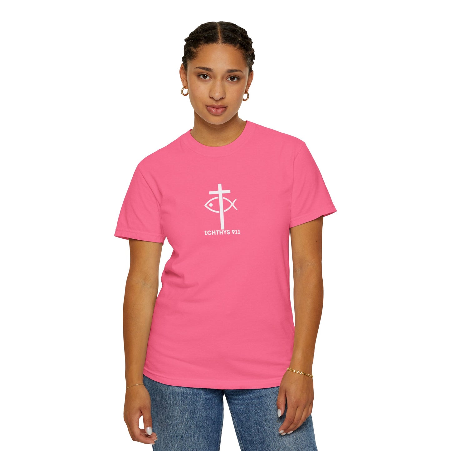 ICHTHYS 911 - White Font "Faith, Hope, & Love" - Garment Dyed - 100% US Cotton - Unisex T-Shirt - Men T-Shirt - Christian Women Tee - Faith-Inspired Shirt - Christian Fashion - Wear Your Faith - Additional Colors