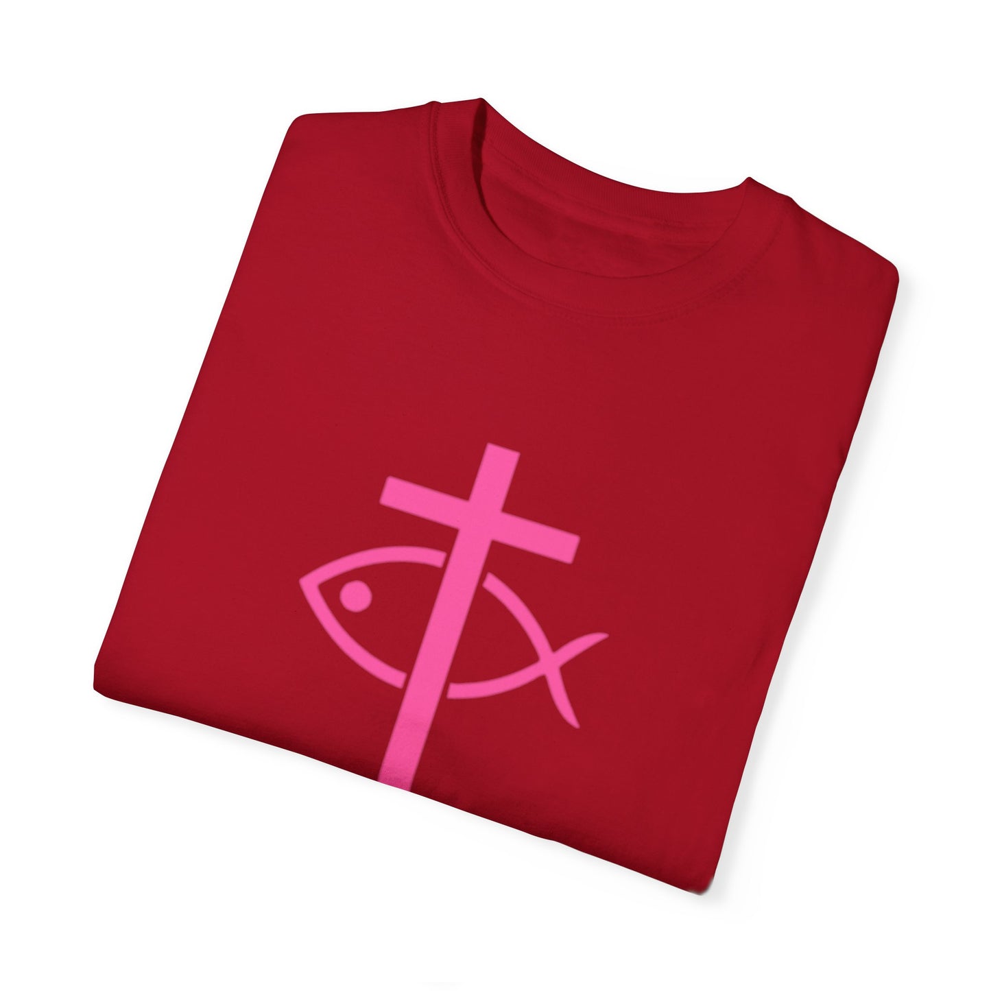 ICHTHYS 911 - Authentic - W/O IC 911 on Back Christian Streetwear T-Shirt – Jesus Gym & Faith Fashion, Unisex Garment-Dyed T-Shirt Hot Pink Font