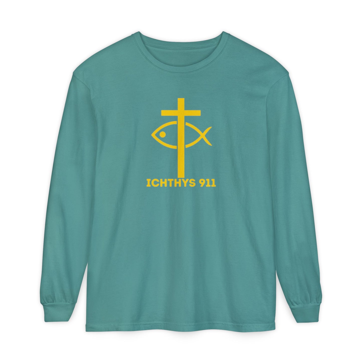 Authentic ICHTHYS 911 Collection -  Gold Font - Unisex Garment Dyed Long Sleeve T-Shirt - Men Long Sleeve - Women Long Sleeve - Christian Faith Symbol Tee - Faith Inspired