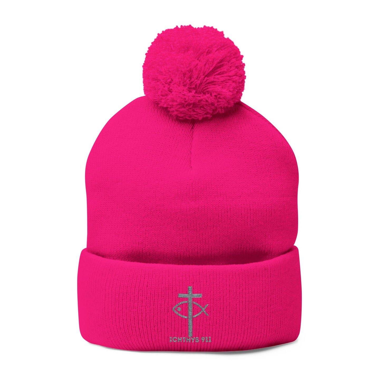 Cozy Pom-Pom Knit Cap | Winter Accessory with Embroidery - Christian Faith Wear - ICHTHYS 911 Design
