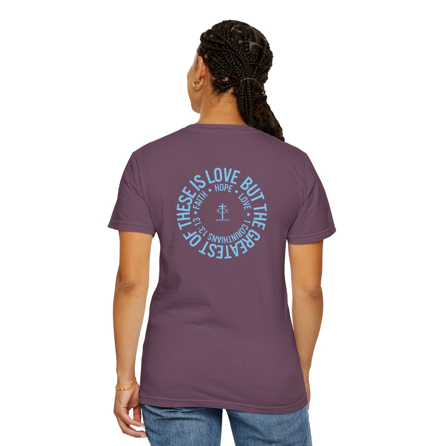 ICHTHYS 911 - Blue Font "Faith, Hope, & Love" - Unisex T-Shirt - Men T-Shirt - Christian Women Tee - Faith-Inspired Shirt - Christian Fashion - Wear Your Faith