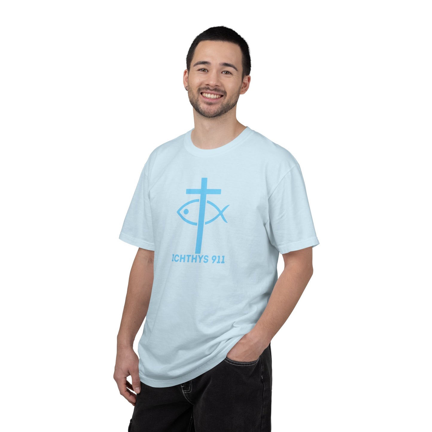 Authentic - Christian Streetwear T-Shirt – Jesus Gym & Faith Fashion, Unisex Garment-Dyed T-Shirt Blue Font - ICHTHYS 911