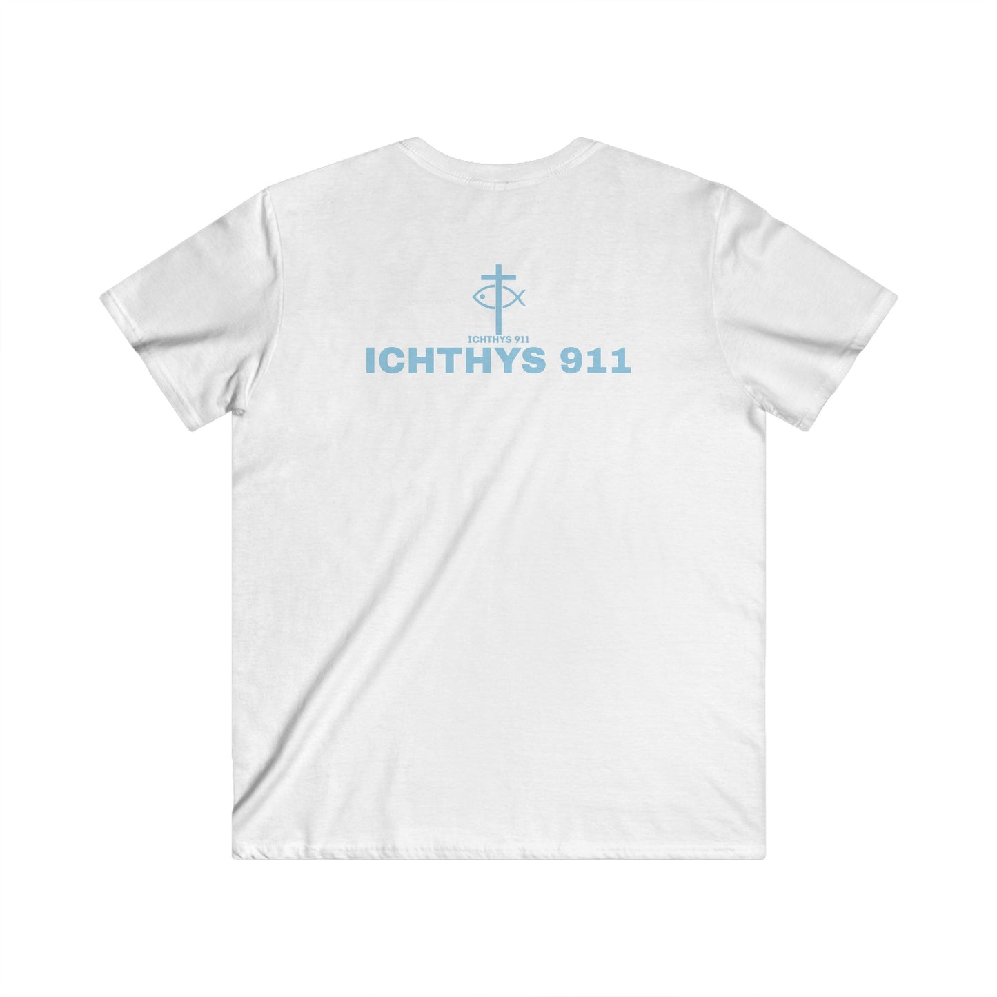 ICHTHYS 911 - Blue Font "Authentic" Collection - Men's Fitted V-Neck Short Sleeve T - Shirt - W/O IC 911 on Back - Faith-Inspired - Christian Faith -