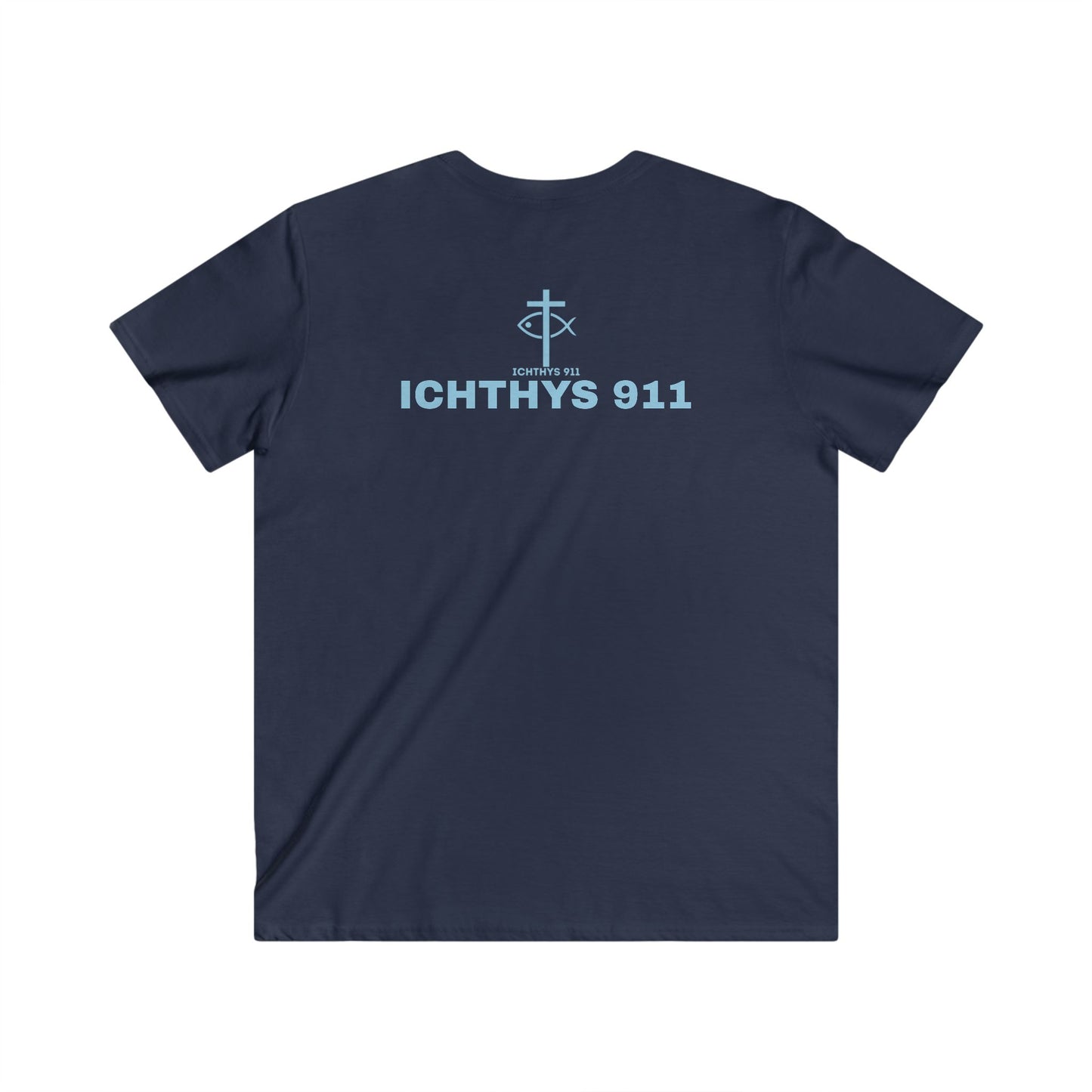 ICHTHYS 911 - Blue Font "Authentic" Collection - Men's Fitted V-Neck Short Sleeve T - Shirt - W/O IC 911 on Back - Faith-Inspired - Christian Faith -