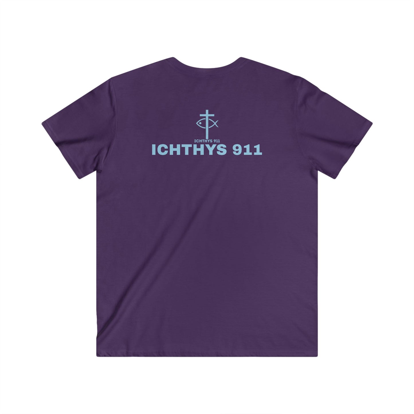 ICHTHYS 911 - Blue Font "Authentic" Collection - Men's Fitted V-Neck Short Sleeve T - Shirt - W/O IC 911 on Back - Faith-Inspired - Christian Faith -