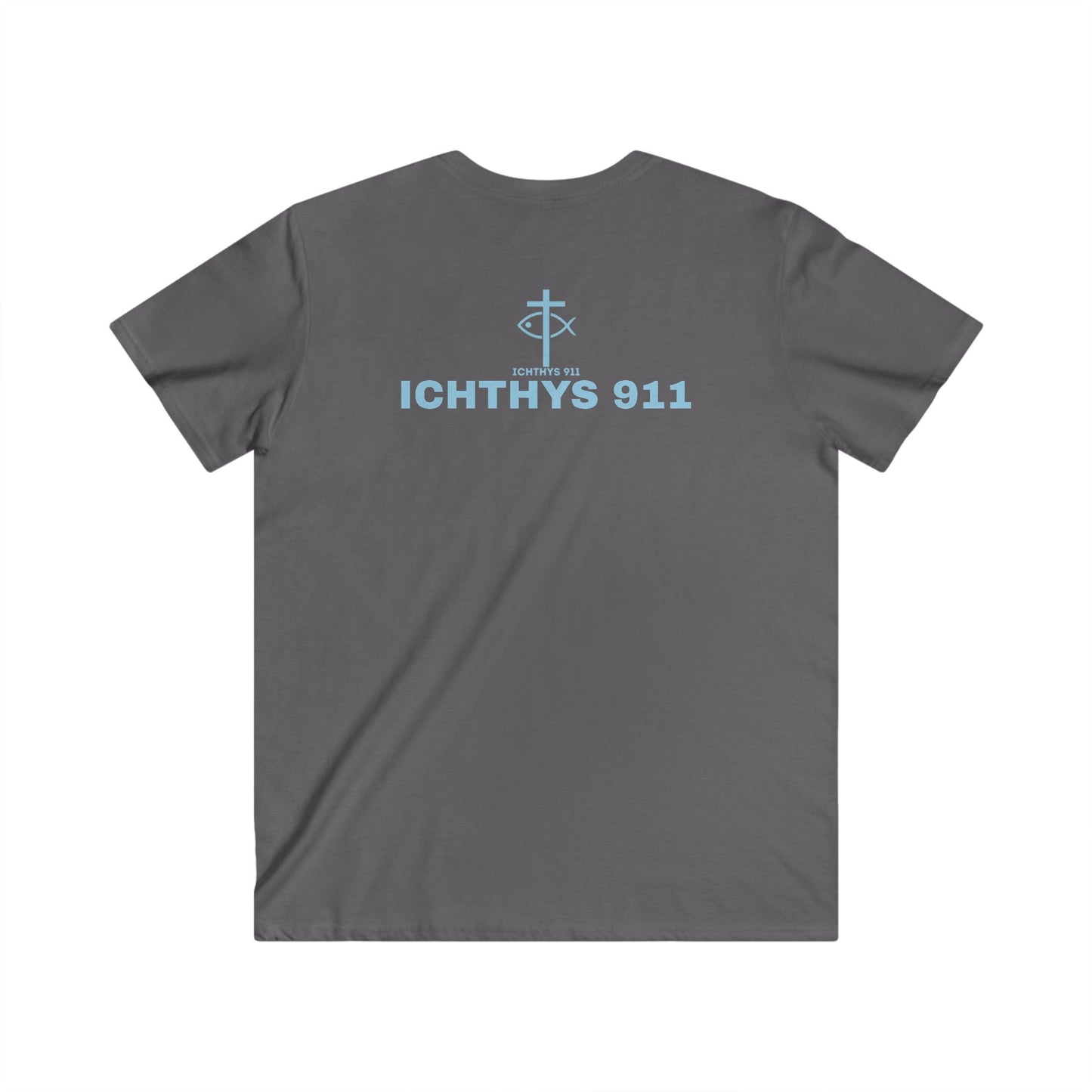ICHTHYS 911 - Blue Font "Authentic" Collection - Men's Fitted V-Neck Short Sleeve T - Shirt - W/O IC 911 on Back - Faith-Inspired - Christian Faith -
