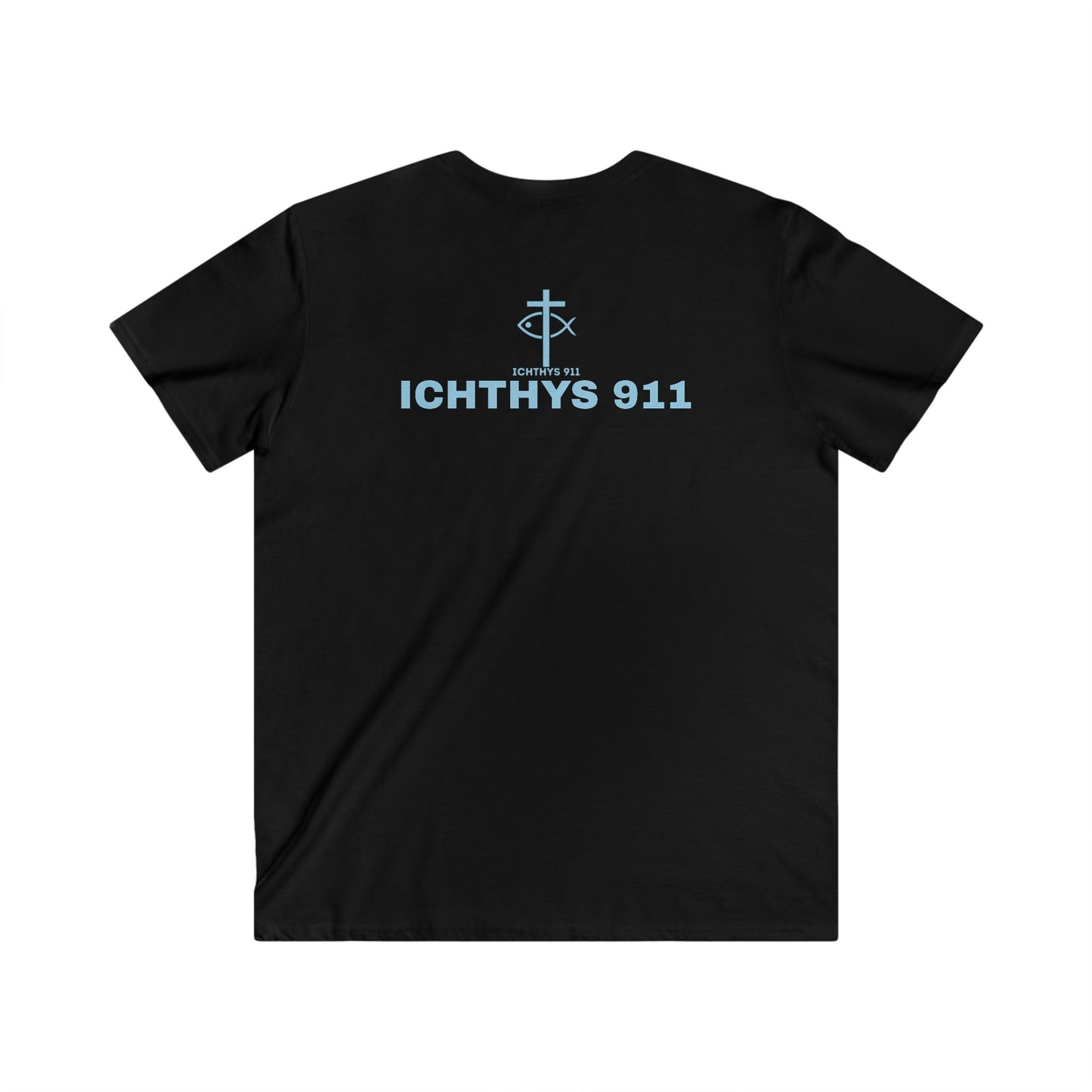 ICHTHYS 911 - Blue Font "Authentic" Collection - Men's Fitted V-Neck Short Sleeve T - Shirt - W/O IC 911 on Back - Faith-Inspired - Christian Faith -