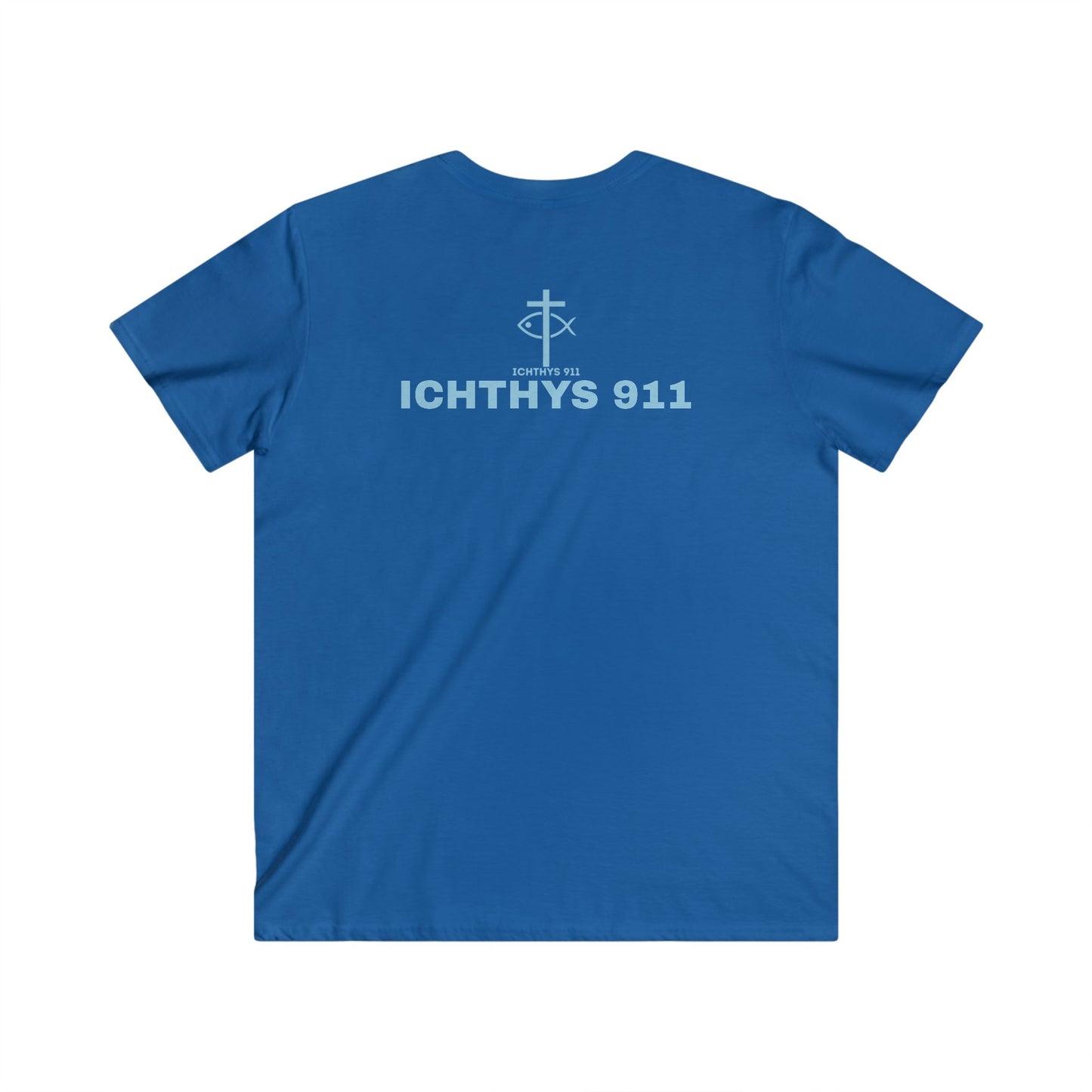 ICHTHYS 911 - Blue Font "Authentic" Collection - Men's Fitted V-Neck Short Sleeve T - Shirt - W/O IC 911 on Back - Faith-Inspired - Christian Faith -