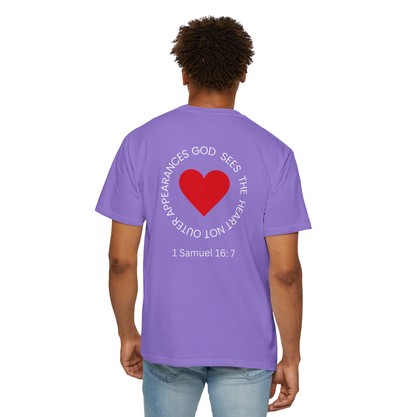ICHTHYS 911 -  "God Sees the Heart" - White Font - Unisex Garment - Dyed T-Shirt - Inspirational Graphic T-Shirt for Everyday Motivation - 100% US cotton