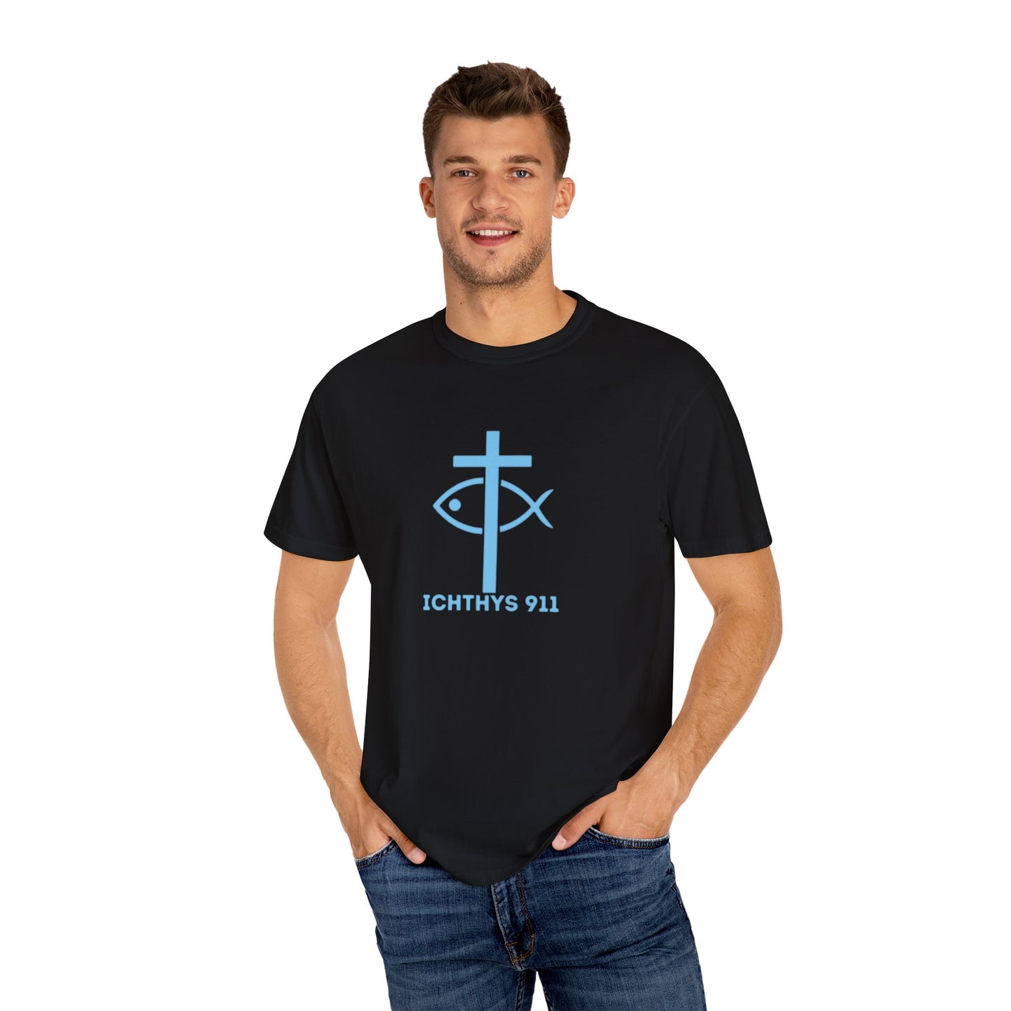 ICHTHYS 911 "Strength Through Christ Philippians 4:13" - Blue Font - Unisex Garment Dyed T- Shirt - 100% US Cotton -Men T-Shirt - Women T-Shirt- Christian Activewear - Wear Your Faith