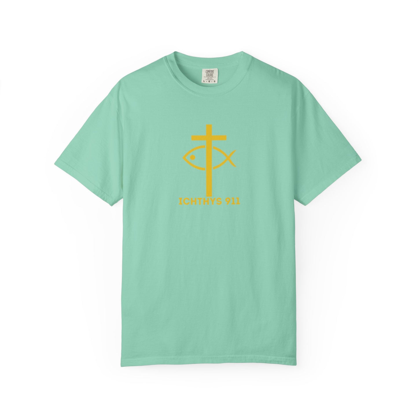 ICHTHYS 911 - "Jesus Christ Son of God Savior" - Gold Font - Unisex Garment Dyed T- Shirt - Men T-Shirt - Women T-Shirt - Christian Streetwear T-Shirt – Jesus Gym & Faith Fashion