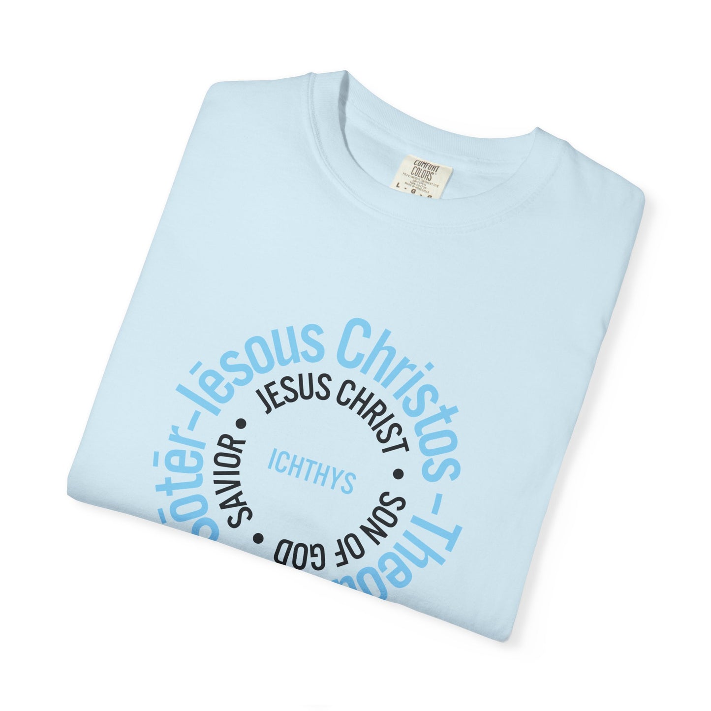 ICHTHYS 911 Blue Font "Iēsous Christos, Theou Yios, Sōtēr" - Reverse - Collection - Unisex - Christian Graphic Tee - Gym - T - Christian Faith - Jesus Wear - Women T-Shirt - Men T-Shirt