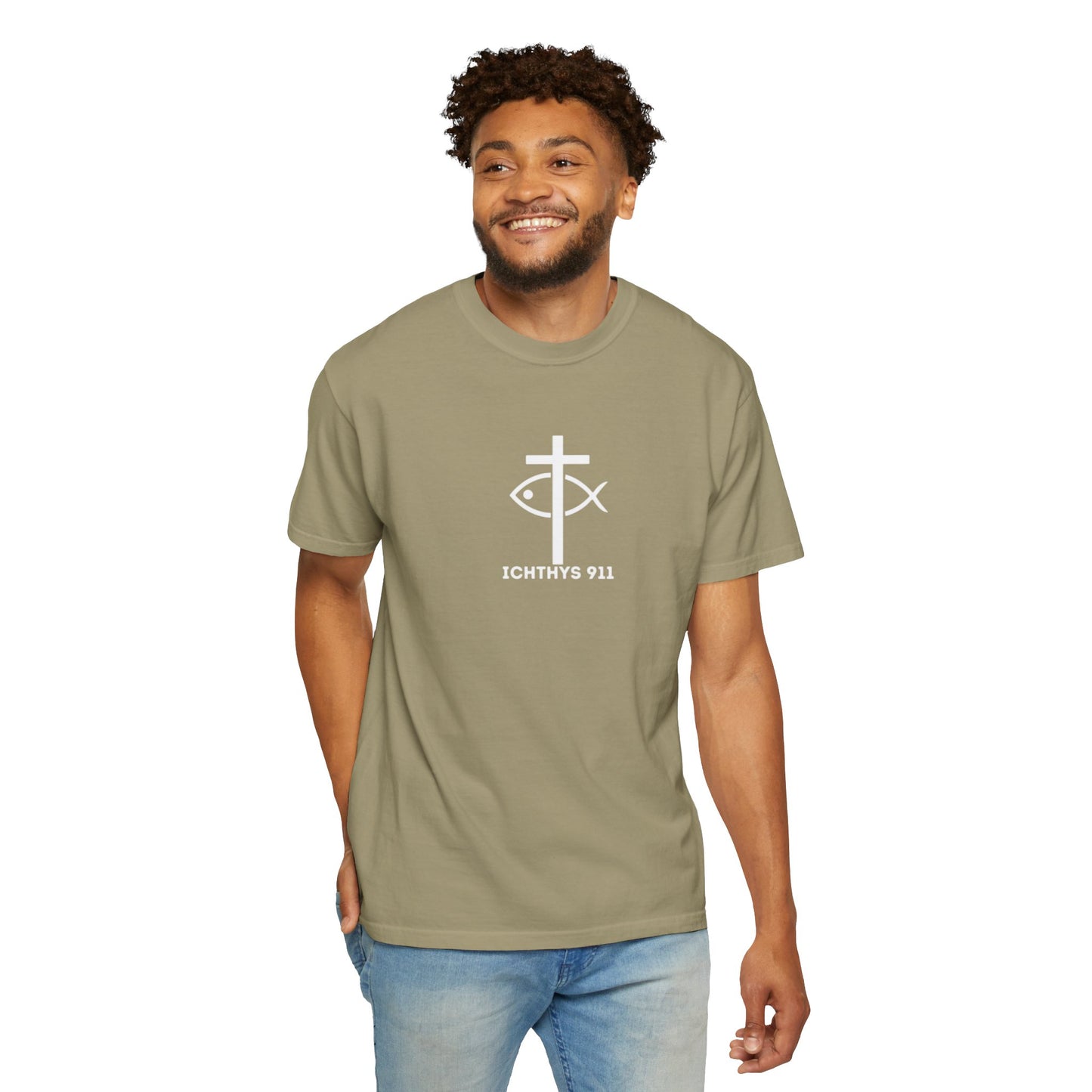 ICHTHYS 911 - 13th Disciple Collection - Christian Streetwear T-Shirt / Sweatshirt – Jesus Gym & Faith Fashion, Unisex Garment-Dyed T-Shirt White Font