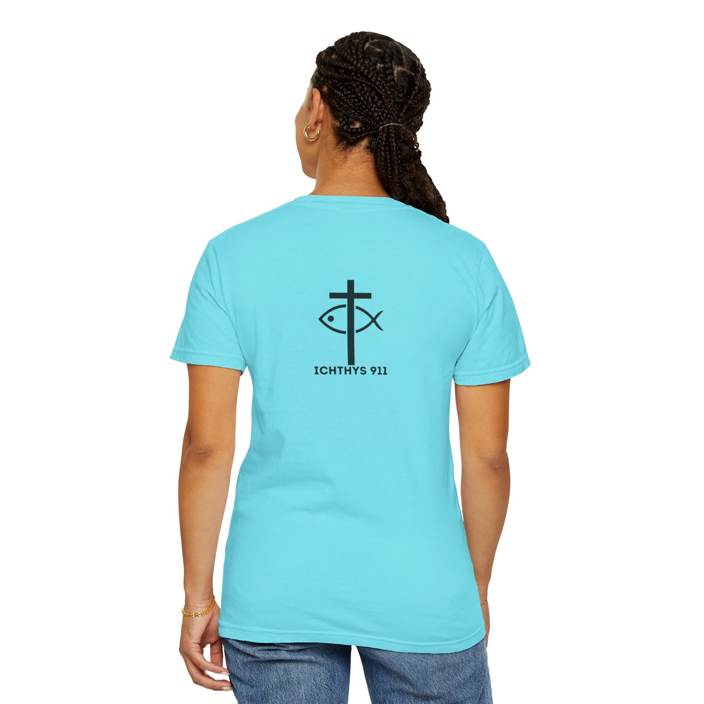 ICHTHYS 911 "Faith & Strength" Reverse - Black Font - Unisex Garment -Dyed Tee - 100% US Cotton - Men T-Shirt - Women T-Shirt - Inspirational Christian Shirt - Very Good Quality and Feel
