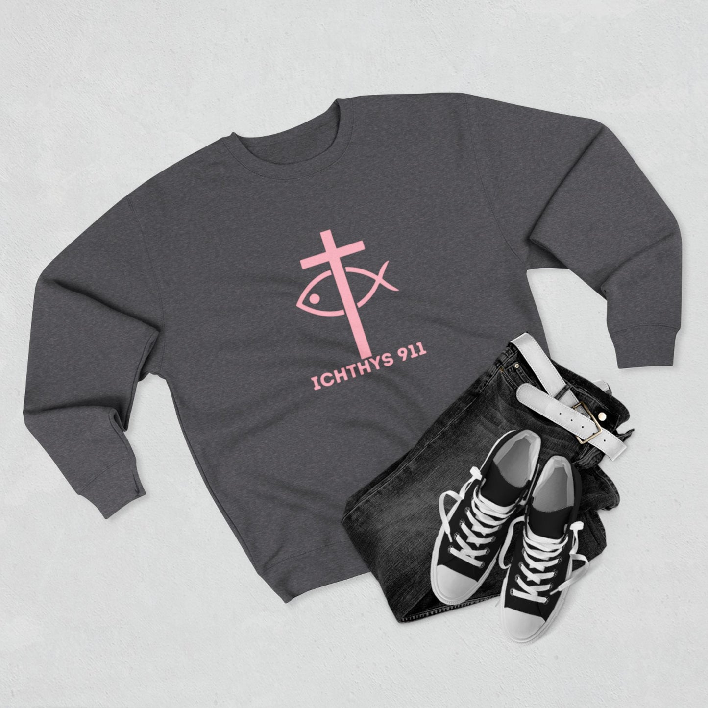 ICHTHYS 911 Minimal Pink Cross Crewneck Sweatshirt — Unisex -