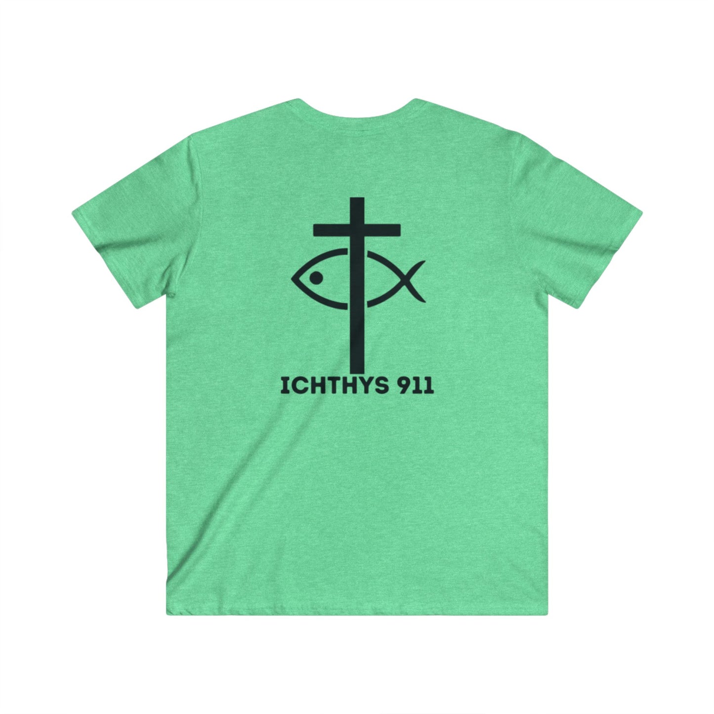 ICHTHYS 911 - Jesus Christ - Son of God - Savior Collection - Men's Fitted V-Neck Short Sleeve T - Shirt - Faith-Inspired - Christian Faith - Black Font