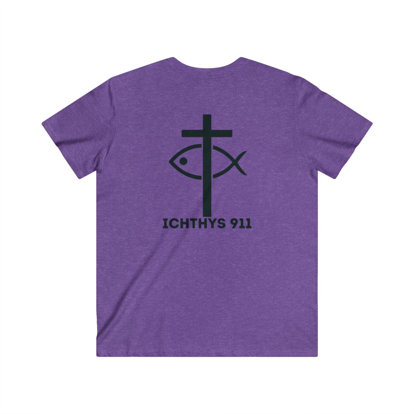ICHTHYS 911 - Jesus Christ - Son of God - Savior Collection - Men's Fitted V-Neck Short Sleeve T - Shirt - Faith-Inspired - Christian Faith - Black Font
