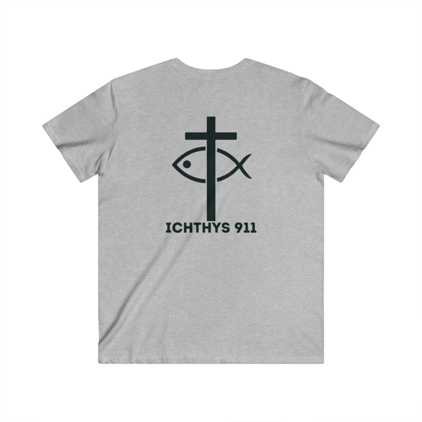 ICHTHYS 911 - Jesus Christ - Son of God - Savior Collection - Men's Fitted V-Neck Short Sleeve T - Shirt - Faith-Inspired - Christian Faith - Black Font