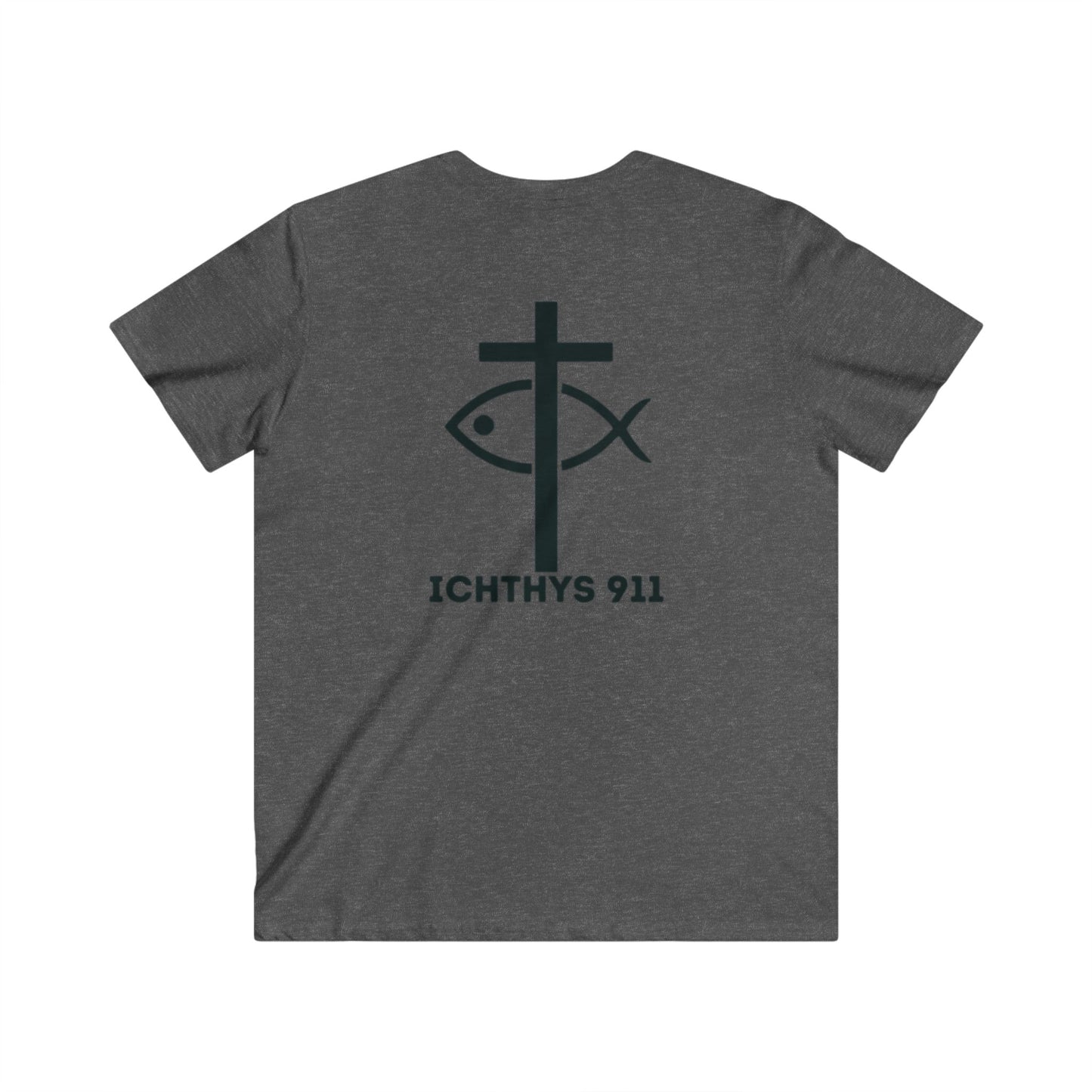 ICHTHYS 911 - Jesus Christ - Son of God - Savior Collection - Men's Fitted V-Neck Short Sleeve T - Shirt - Faith-Inspired - Christian Faith - Black Font