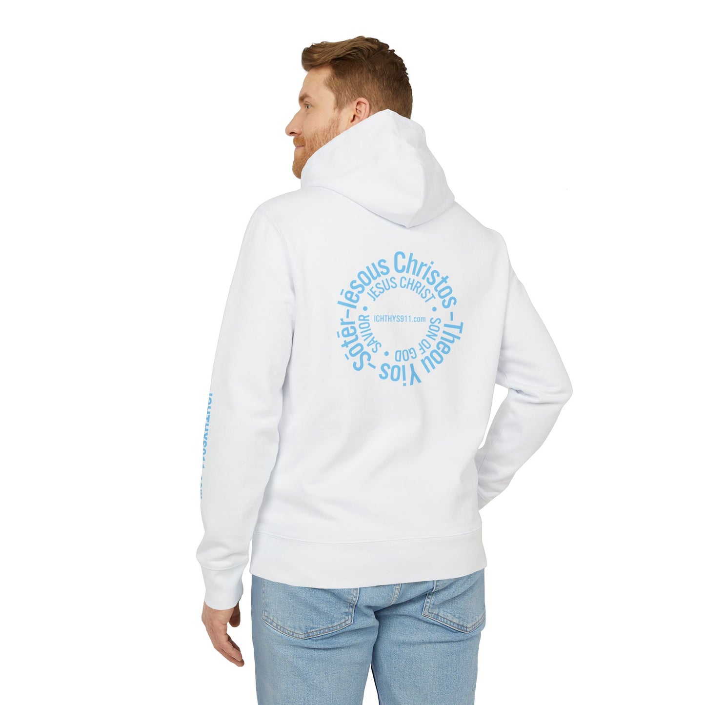 Iēsous Christos, Theou Yios, Sōtēr = Jesus Christ, Son of God, Savior - Unisex - Blue Font - Sweatshirt - ICHTHYS 911 - Hoodie -100% Organic- Heavy