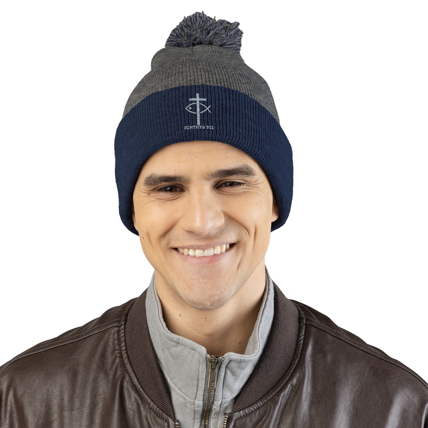 Cozy Pom-Pom Knit Cap | Winter Accessory with Embroidery - Christian Faith Wear - ICHTHYS 911 Design
