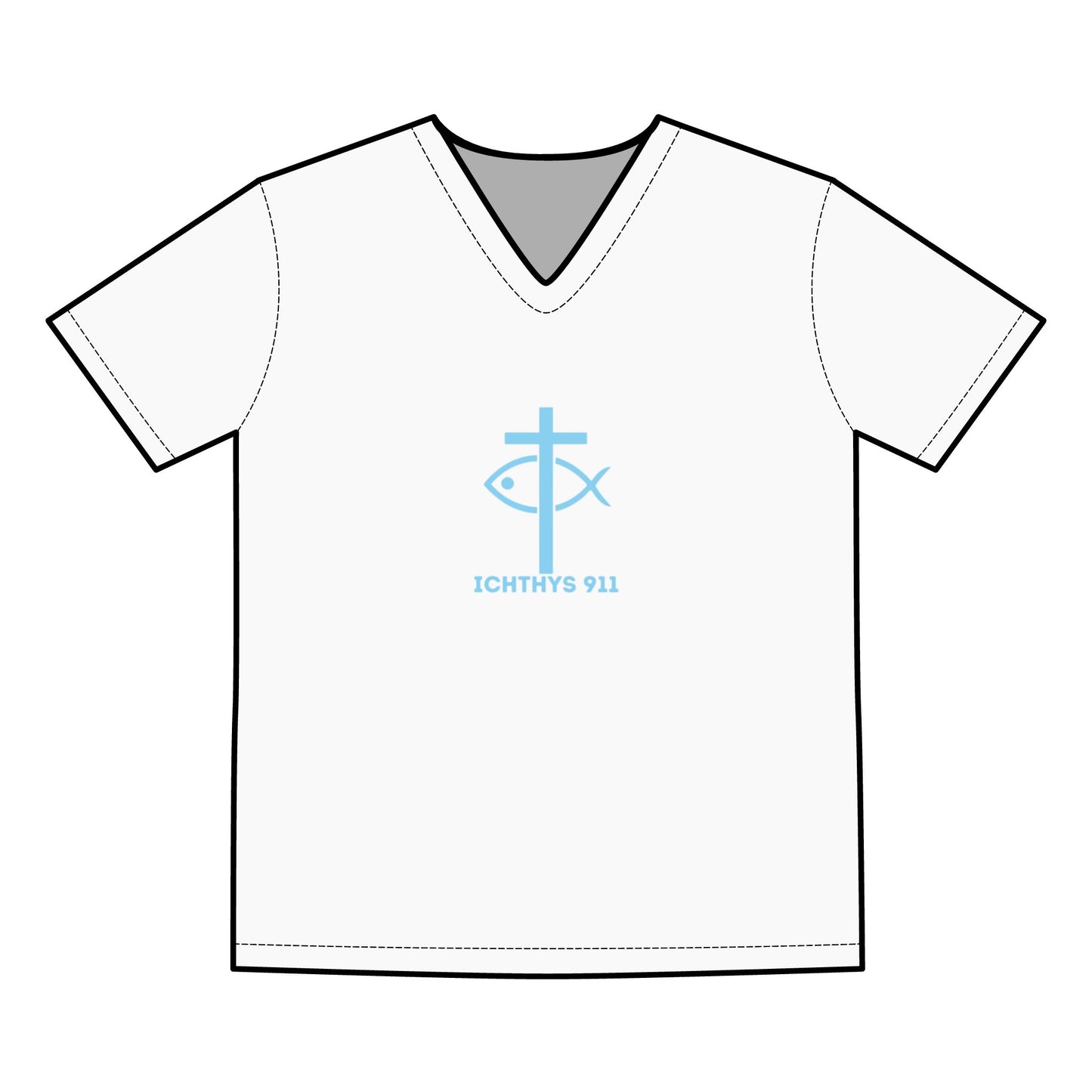 ICHTHYS 911 - Blue Font - "Jesus Is His Name, Saving Souls For Eternity is His Game" Men's V Neck Tee - Men T-Shirt - Christian T -