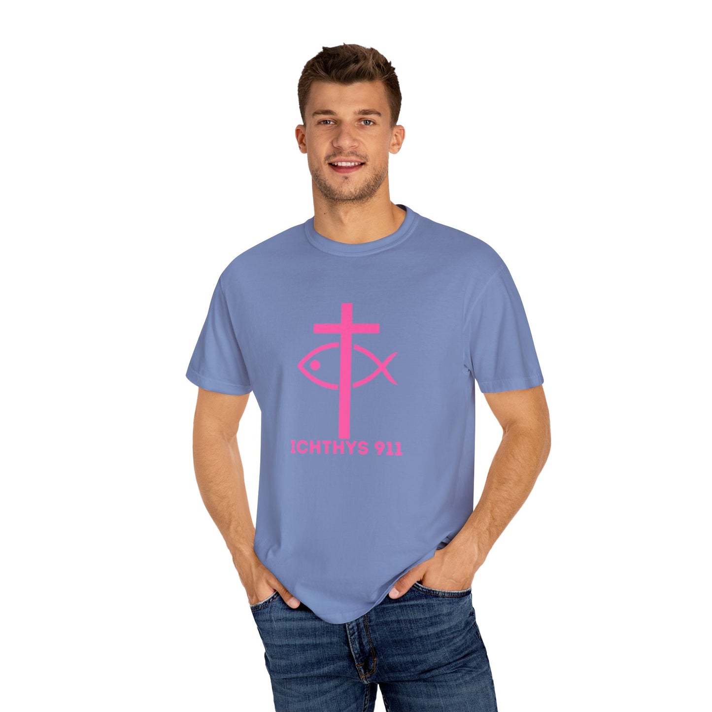 ICHTHYS 911 - Authentic - W/O IC 911 on Back Christian Streetwear T-Shirt – Jesus Gym & Faith Fashion, Unisex Garment-Dyed T-Shirt Hot Pink Font