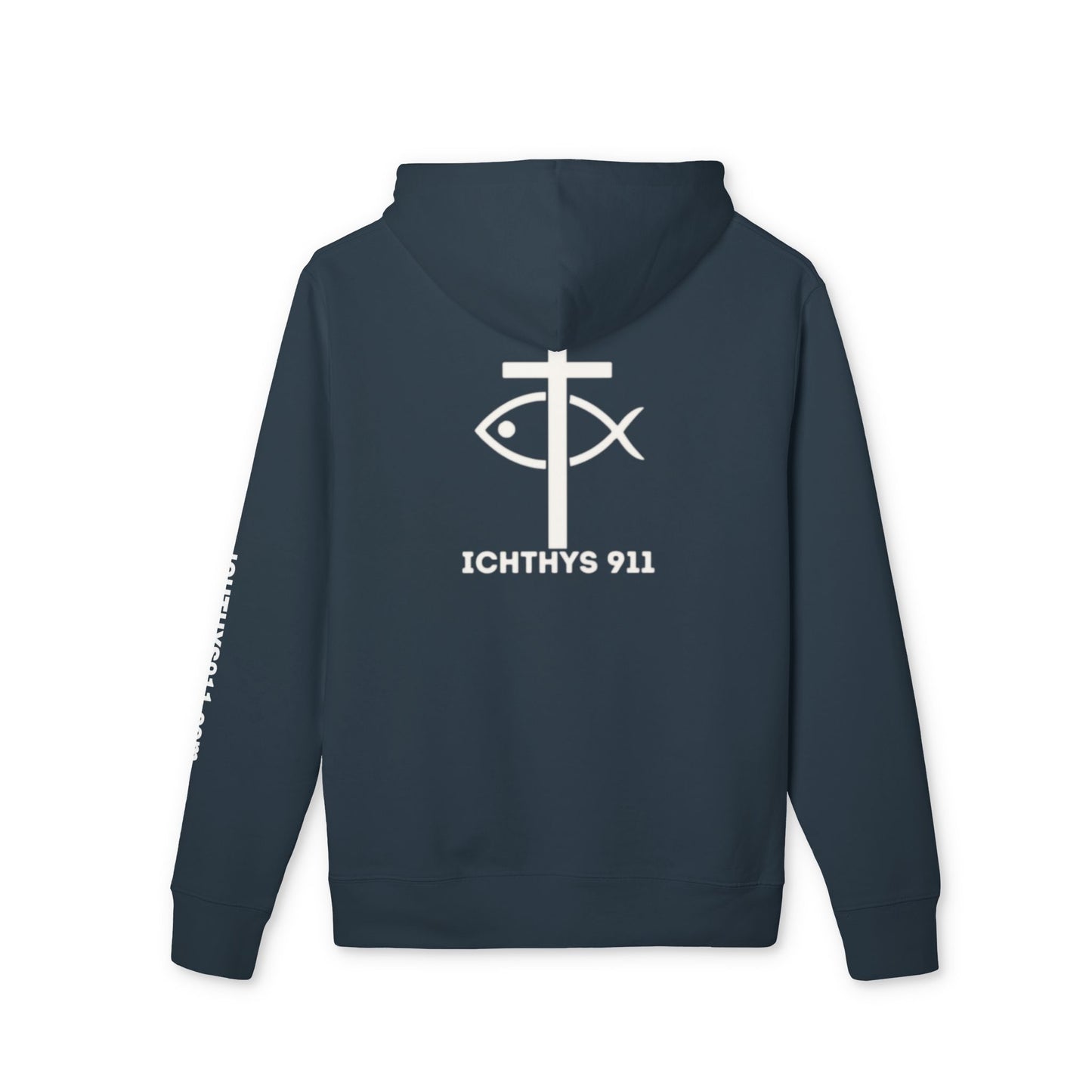 ICHTHYS 911 Hoodie – Unisex Pullover -White Font - Black Font on White - Heavy Fabric - ICHTHYS 911 Logo on Front & Back - 100% Organic