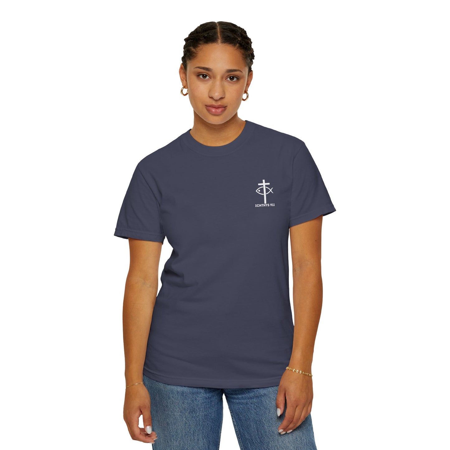 ICHTHYS 911 Badge Collection - White Font - Unisex  Garment Dyed T-Shirt - 100% US Cotton - Men T-Shirt - Women T-Shirt - Christian Graphic Tee - Gym - T - Christian Faith - Jesus Wear - White Font
