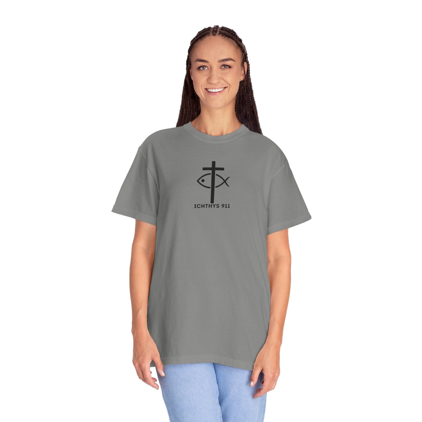 ICHTHYS 911 Black Font - "Run With Endurance Hebrews 12:1" - Unisex Garment Dyed T-Shirt -100% US Cotton - Men T-Shirt - Women T-Shirt - Bible Verse - Christian Faith - Christian Workout