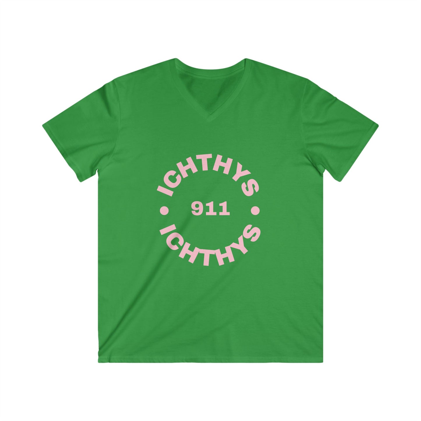 Authentic Round Collection - Reverse - Men's Fitted V-Neck Short Sleeve T - Shirt - Faith-Inspired - Christian Faith - Pink Font - ICHTHYS 911
