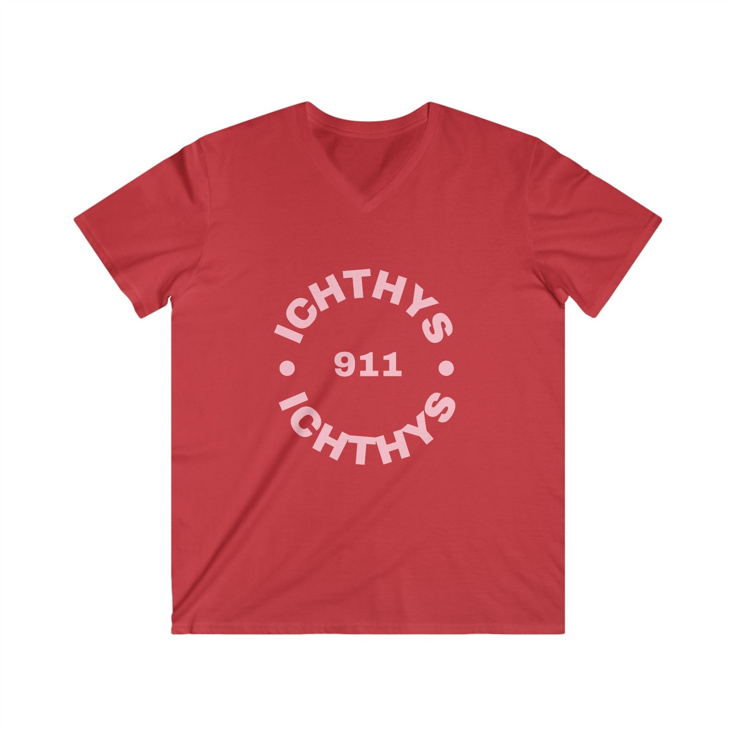 Authentic Round Collection - Reverse - Men's Fitted V-Neck Short Sleeve T - Shirt - Faith-Inspired - Christian Faith - Pink Font - ICHTHYS 911