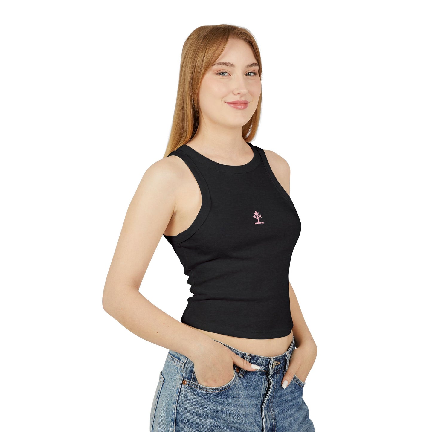 ICHTHYS 911 - Pink & Black Font "Iēsous Christos, Theou Yios, Sōtēr" - Faith-Inspired Women's Micro Rib Racer Tank Top - Cute Jesus Christ Design - Women Tank - Christian - Work Out
