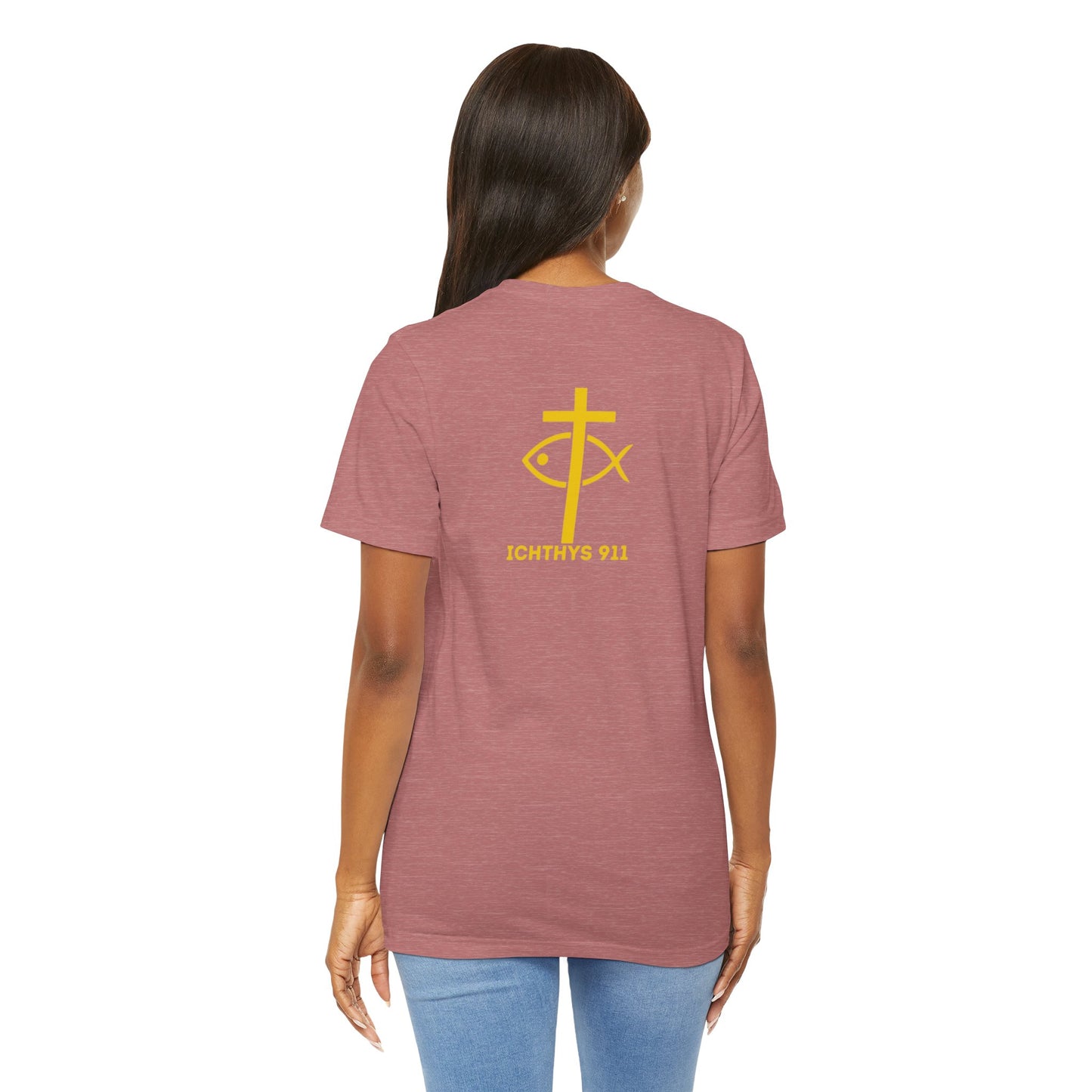 ICHTHYS 911 - "Roll With God Love Like Jesus" - Reverse Design - Unisex T- Shirt - Lightweight 100% Cotton - Summer T - Arm Form Fitting - Men T- Shirt - Women T-Shirt - Christian T-Shirt - Love Like Jesus