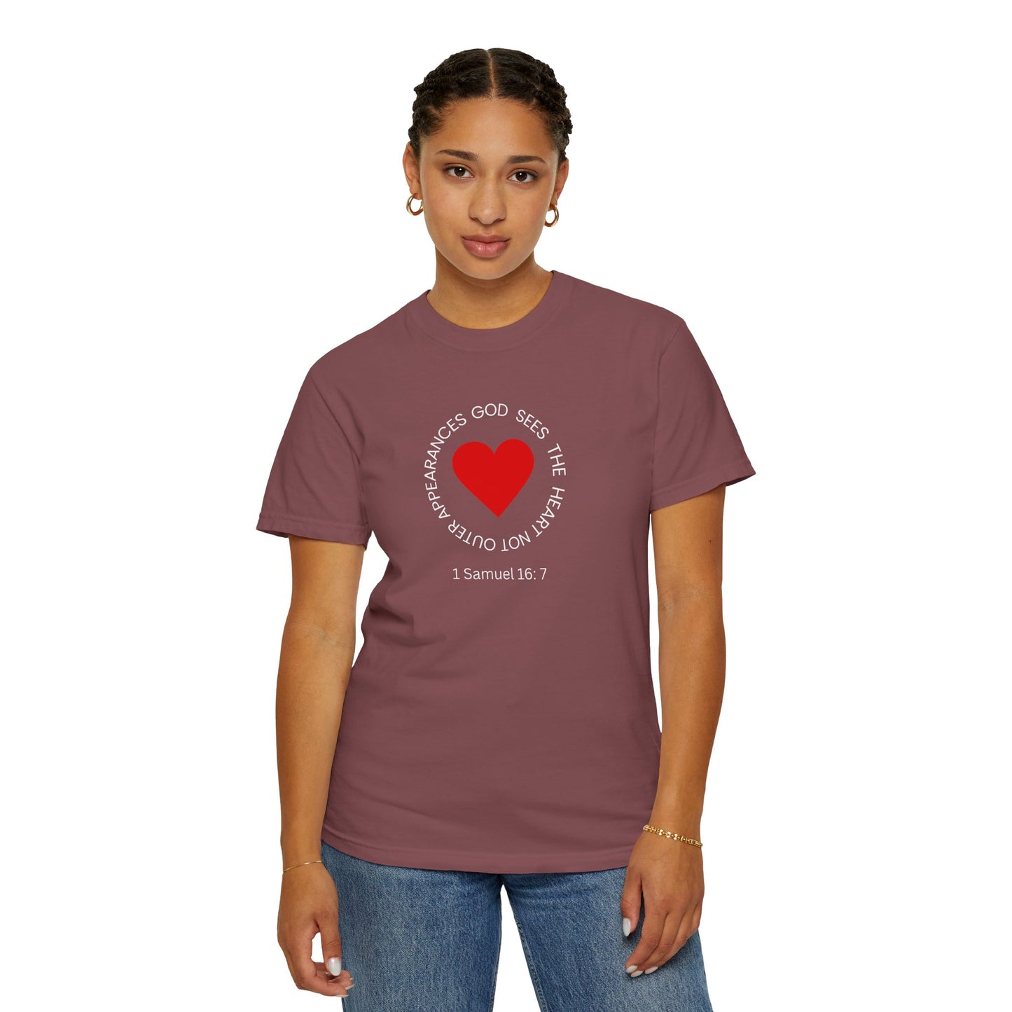 ICHTHYS 911 - "God Sees the Heart" Reverse Design - White Font - Unisex Garment - Dyed T-Shirt - 100% US Cotton - Men T-Shirt - Women T-Shirt - Inspirational Graphic T-Shirt for Everyday Motivation