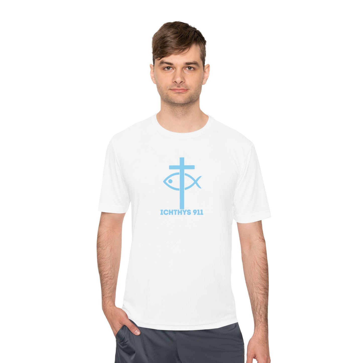 ICHTHYS 911 - Blue Font - "Jesus Is His Name Saving Souls is His Game" - Unisex Performance Shirt -Men T-Shirt - Women - Moisture Wicking Tee911