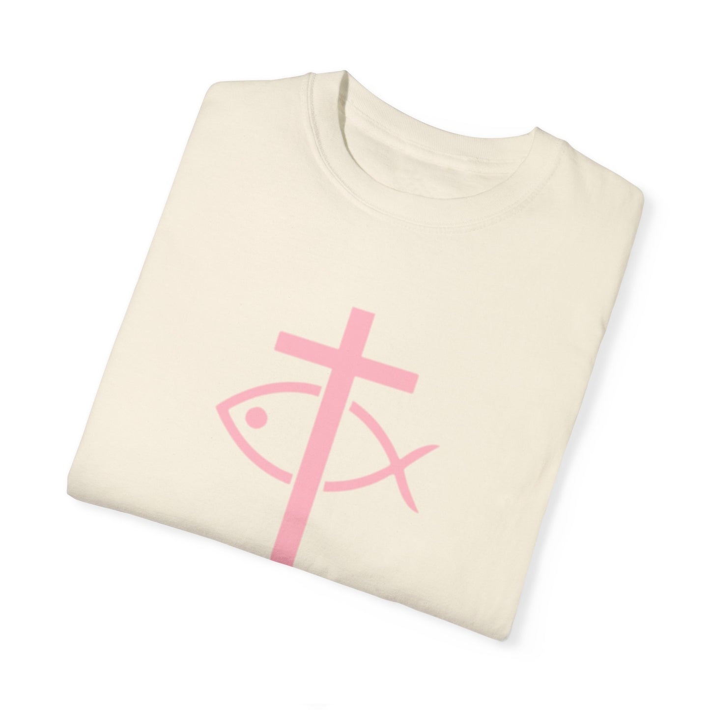 ICHTHYS 911 - Authentic - W/O IC 911 on Back -Christian Streetwear T-Shirt – Jesus Gym & Faith Fashion, Unisex Garment-Dyed T-Shirt Soft Pink Font