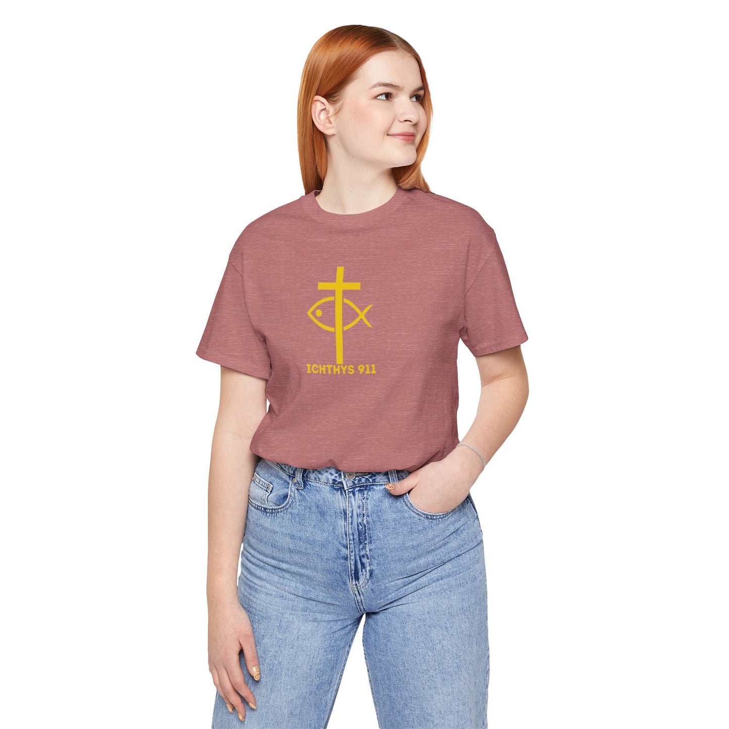 ICHTHYS 911 - "Roll With God Ride With Jesus" - Gold Font - Unisex T- Shirt - Lightweight 100% Cotton - Summer T - Arm Form Fitting - Men T- Shirt - Women T-Shirt - Christian T-Shirt