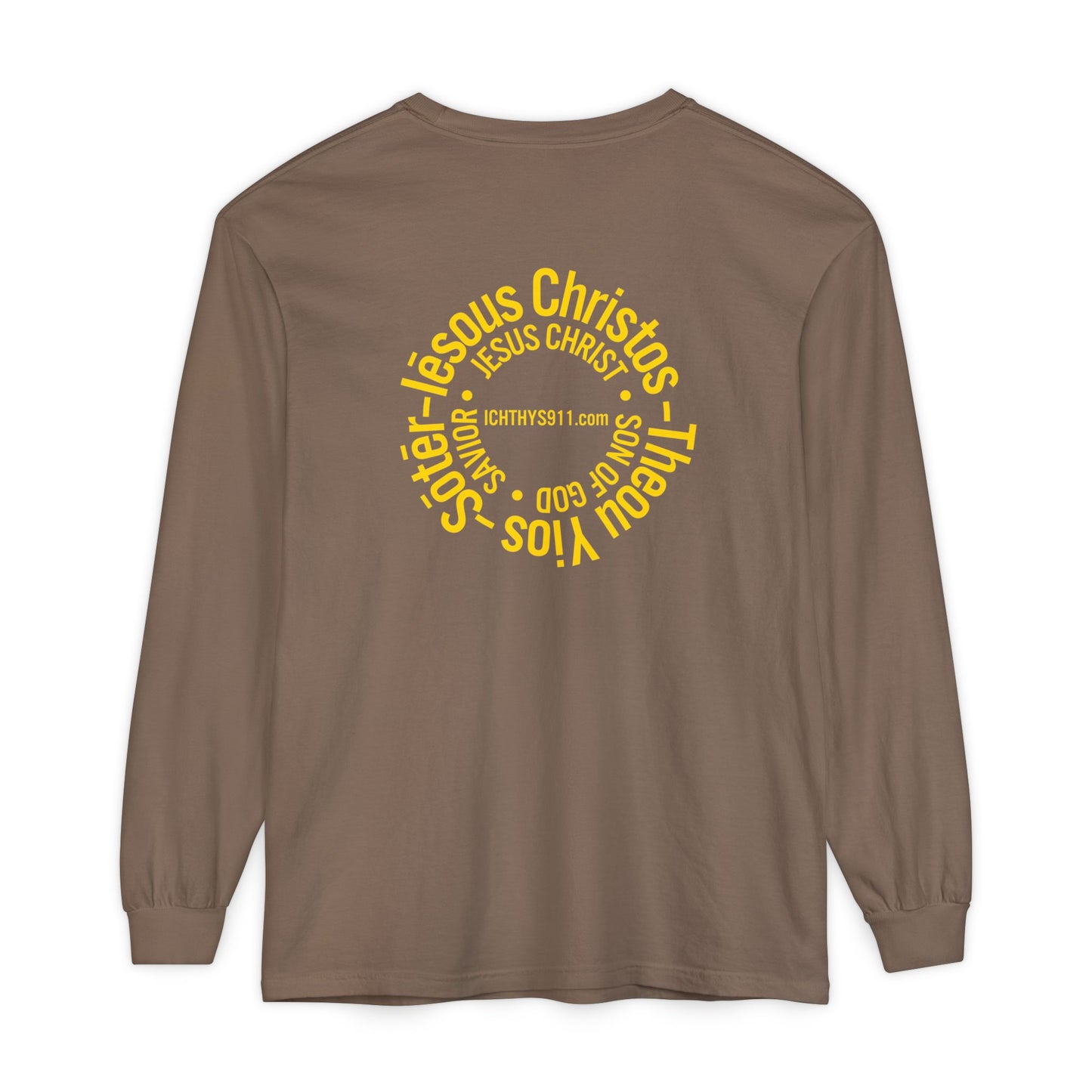Authentic ICHTHYS 911 Collection -  Gold Font - Unisex Garment Dyed Long Sleeve T-Shirt - Men Long Sleeve - Women Long Sleeve - Christian Faith Symbol Tee - Faith Inspired