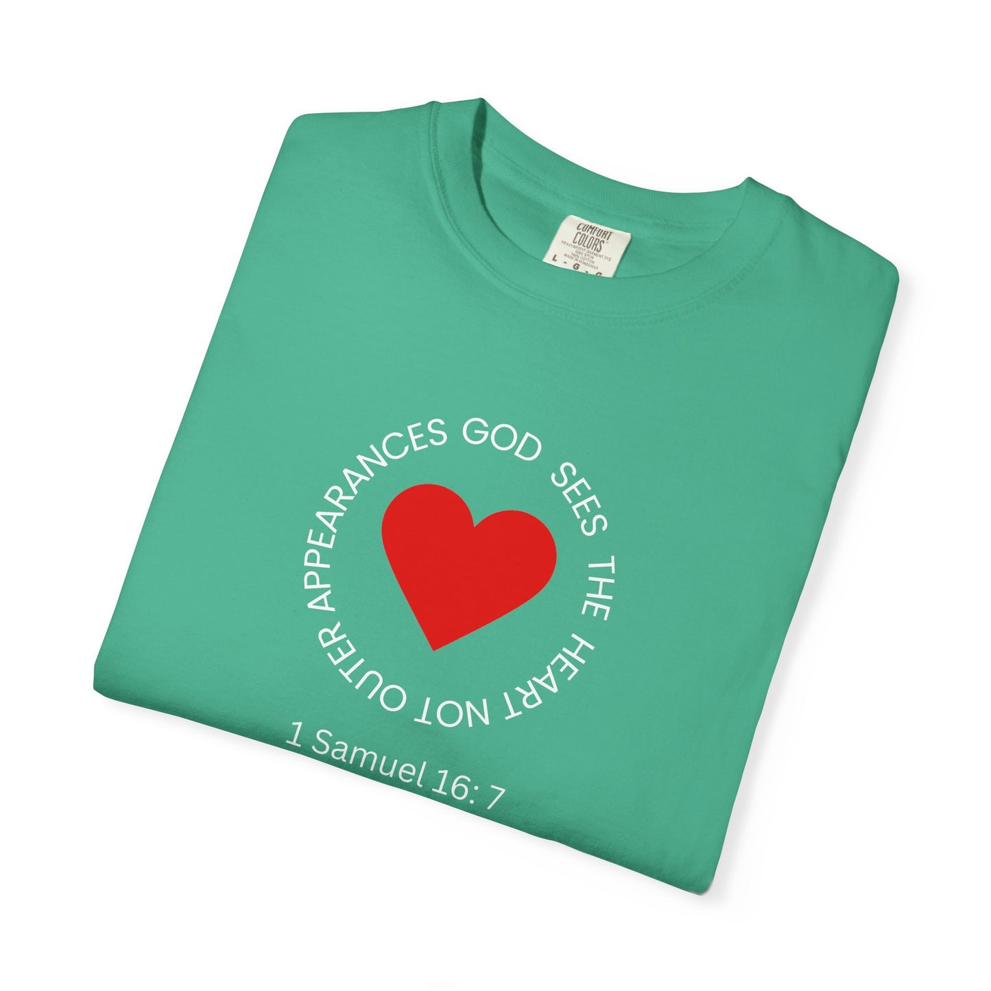 ICHTHYS 911 - "God Sees the Heart" Reverse Design - White Font - Unisex Garment - Dyed T-Shirt - 100% US Cotton - Men T-Shirt - Women T-Shirt - Inspirational Graphic T-Shirt for Everyday Motivation