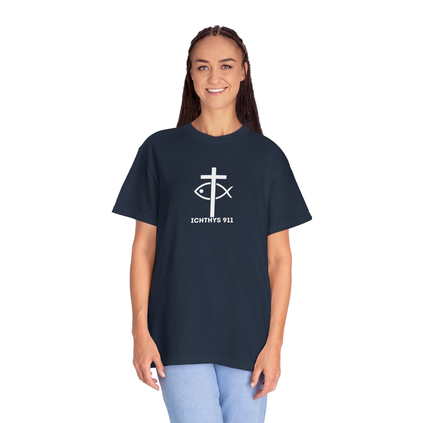ICHTHYS 911 - 13th Disciple Collection - Christian Streetwear T-Shirt / Sweatshirt – Jesus Gym & Faith Fashion, Unisex Garment-Dyed T-Shirt White Font